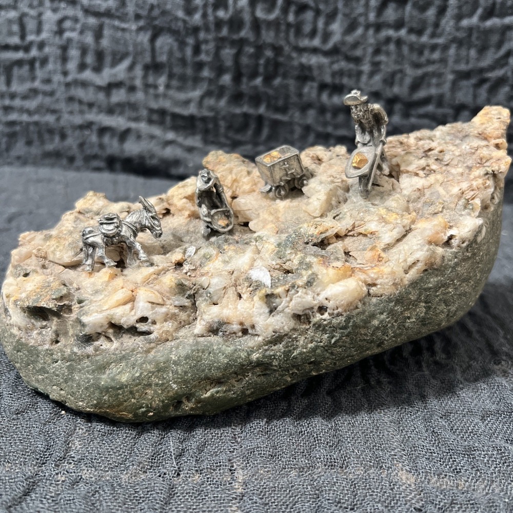Alaska Geode Gold Mining Diorama Mini Pewter Miner's Cart Donkey/Mule 7"x3"x2.5"